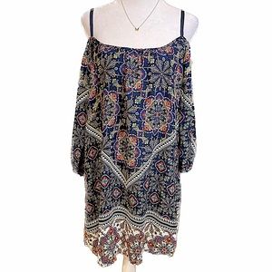 Bailey Blue Boho Print Cold Shoulder Sheath Dress, Women’s Size Small.